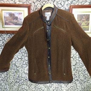 Louis Dell Olio brown wool coat leather trimmed snaps shoulder pads vintage
